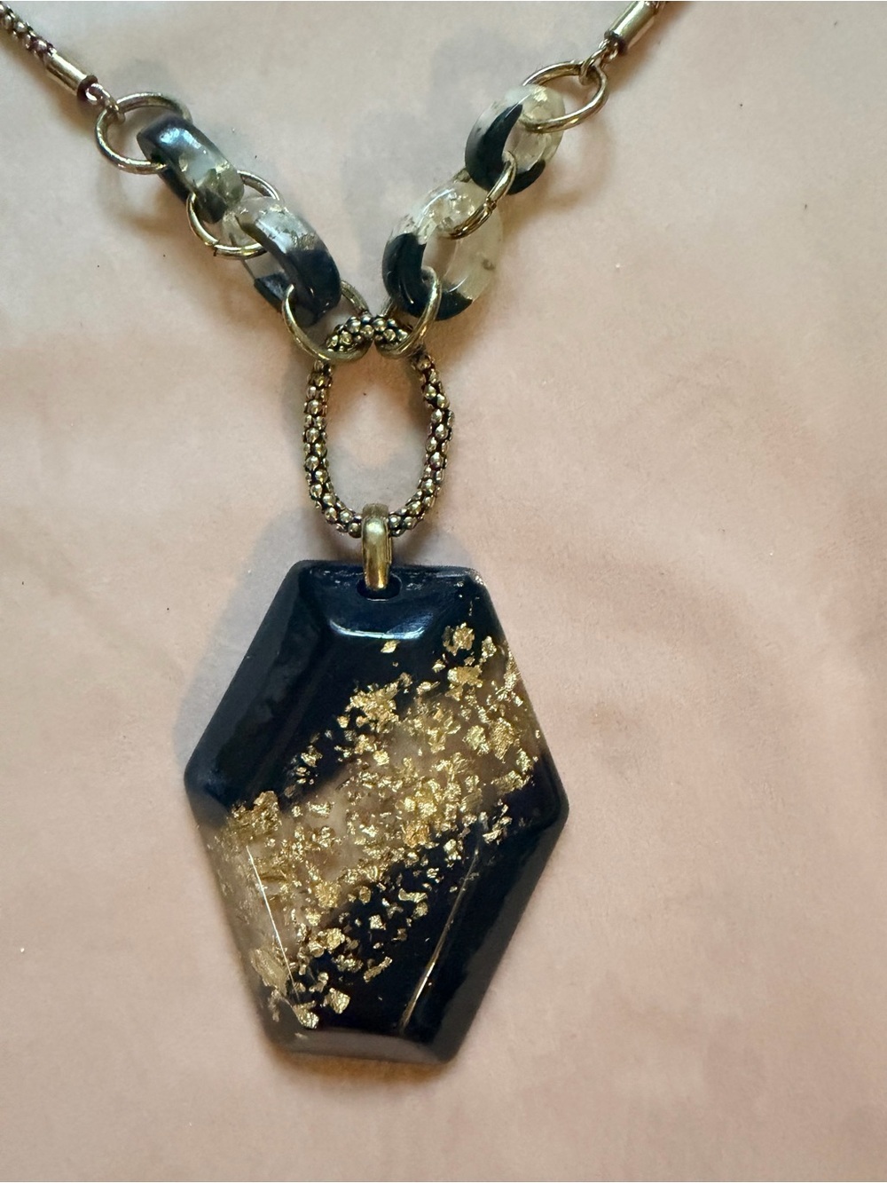 Gold and Black Hexagon Pendant Necklace - Women’s Fashion Jewelry - Picture 2 of 4